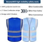 BeautyWill Mesh Safety Vest 1 pcs Customize Logo Class 2 High Visibility Reflective Vest with Pockets Construction Security Work Vest Blue