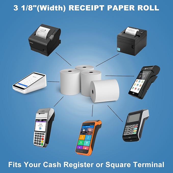 3 1/8 x 230ft Thermal Paper 20 Rolls - 80mm Receipt Cash Register Paper, Fits Credit Card POS Square Terminal Printer - Fits Star Micronics TSP100 TSP143 Epson