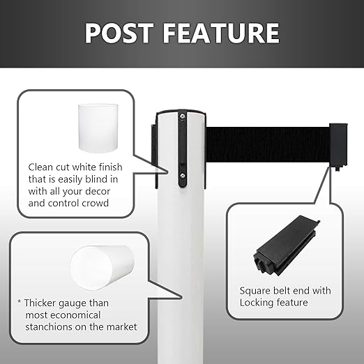 VIP Crowd Control Retractable Belt Stanchion Queue Safety Barrier Set, 36" Ht, 78" Belt (2 WHT Posts Blue Belt)