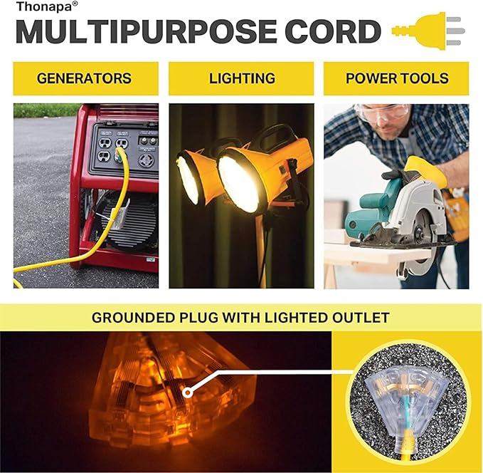 10 ft 10 Gauge Extension Cord with 3 Outlets, 10/3 Heavy Duty Outdoor Extension Cord 10' with Multiple Outlets 3 Prong, 15 Amp SJTW Weatherproof Industrial Cable, Yellow, for Major Appliances