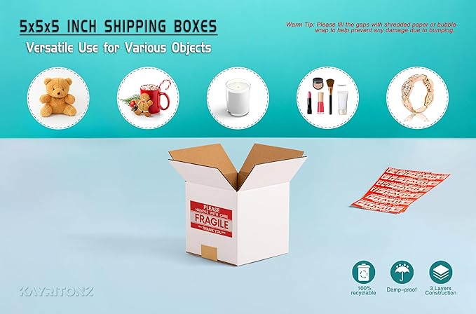 5x5x5 inch Small Shipping Boxes, White Corrugated Cardboard Boxes for E-Commerce, Mailing, Storage, Gifts Wrapping, 25 Pack