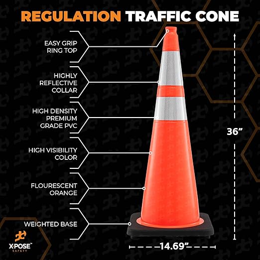 Xpose Safety 36 Inch Orange Traffic Cones with 6" & 4" Collars, 1-Pack - Multipurpose PVC Plastic Safety Cone for Parking, Soccer, Caution, Kids and Construction - DOT Approved