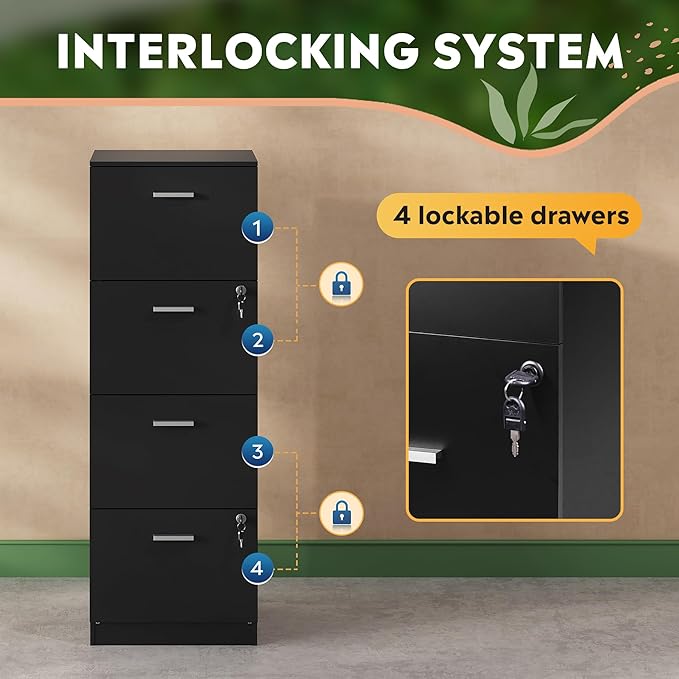 DEVAISE 4 Drawer File Cabinet with Lock, Vertical Filing Cabinet for A4/Letter Size Files, Wood Storage Organizer for Home Office, Black