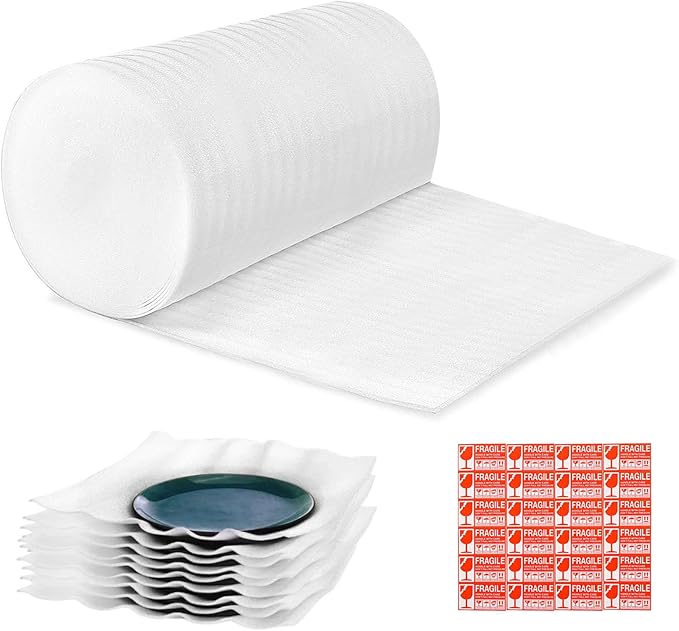 XYH Packing Foam Rolls, 15 "Wide X 80' Length Packing Foam Moving, Shipping, Glasses, China, Dishes, Stuffing of Carton, with 60 Pcs Fragile Stickers.