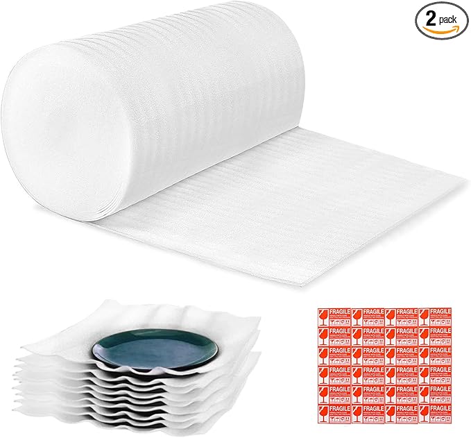 XYH Packing Foam Rolls,15 "Wide X 160' Length Foam Wrap Rolls, Moving, Shipping, Glasses, China, Dishes, Stuffing of Carton, with 60 Pcs Fragile Stickers.