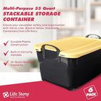 Life Story 6 Pack Heavy Duty Stackable Storage Bin, 55 Quart Home Organizer, Versatile Lightweight Locking Bins with Carrying Handles, Black/ Yellow