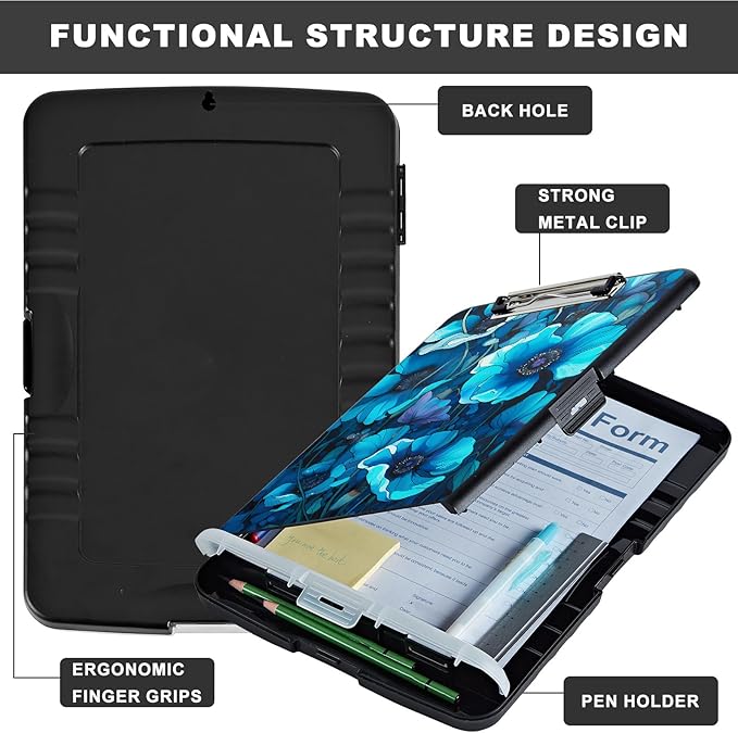 Clipboard with Storage,Storage Clipboard with Pen Holder,Heavy Duty Plastic Storage Clipboard with Low Profile Clip, Clipboard Folder, Teacher Must Haves, Office Supplies,Blue Flowers