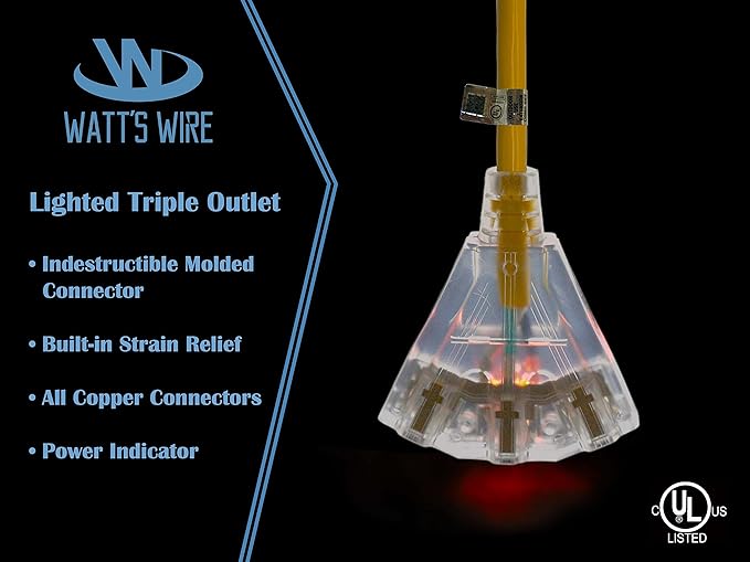 50 ft Outdoor Extension Cord Waterproof - 14 Gauge Heavy Duty Extension Cord 50 ft - Lighted Outdoor Extension Cords with Multiple Outlets - Watts Wire - 50' Grounded - extensiones electricas