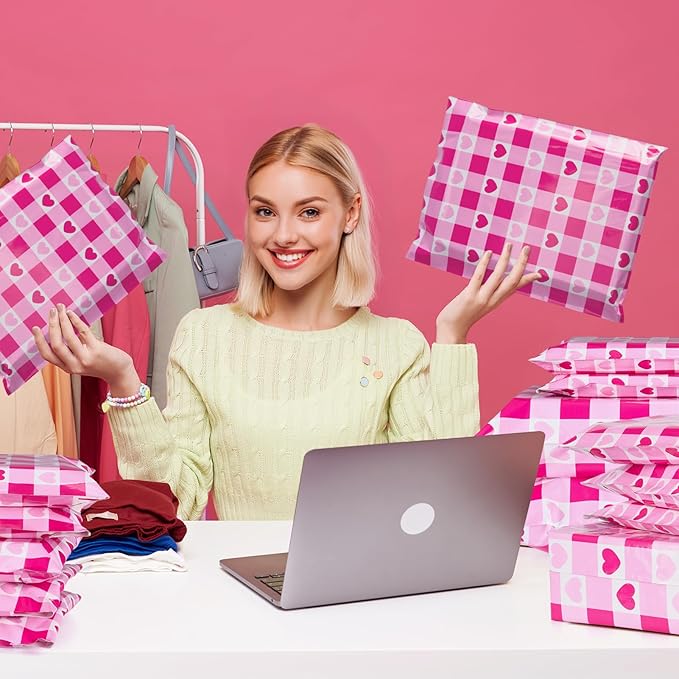 Metronic Poly Mailers 14.5x19 Inch 50pc Shipping Bags for Clothes,Self Adhesive Shipping Envelopes for Small Business,Waterproof Mailers Poly Bags for Shipping,Packaging Mailing Bags Pink Checkered