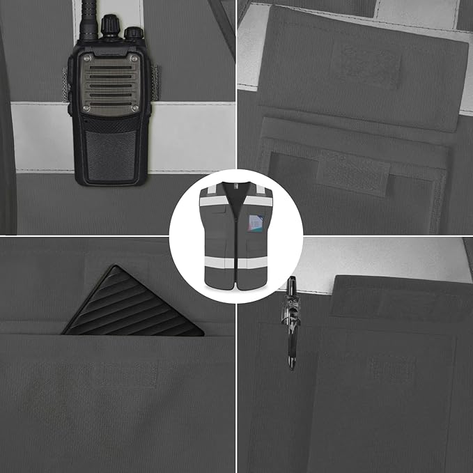 TCCFCCT Reflective Safety Vest 5 Pockets High Visibility Vest for Men Women, Work Vest with Horizontal Strip for Walkie-talkie and ID Card, Meets ANSI/ISEA Standards, Grey, XL