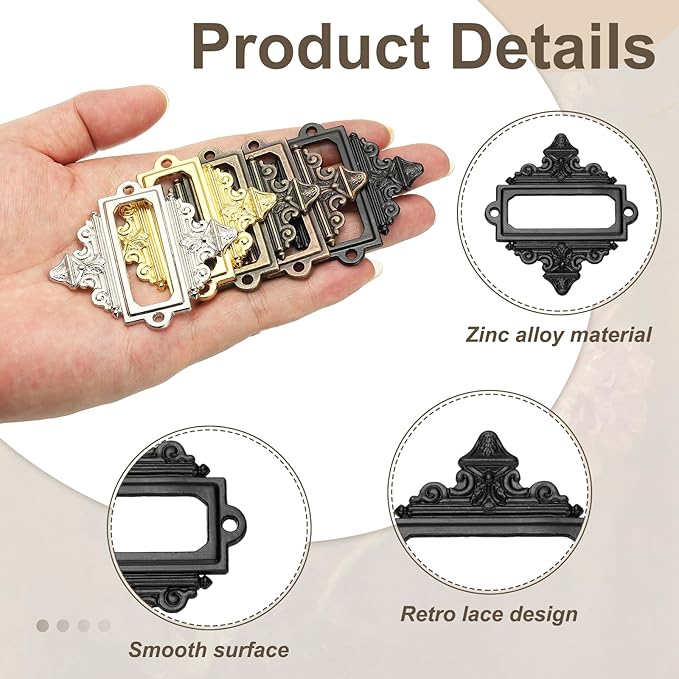 uxcell 5 Pcs Metal Label Holder, 2.2 x 2.4 Inch Small Vintage Card Frame Tag Floral Lace Label Holder with Screws for File Boxes Drawers Door Cabinet Book Shelves, Black