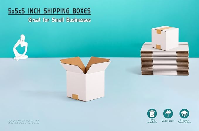 5x5x5 inch Small Shipping Boxes, White Corrugated Cardboard Boxes for E-Commerce, Mailing, Storage, Gifts Wrapping, 30 Pack
