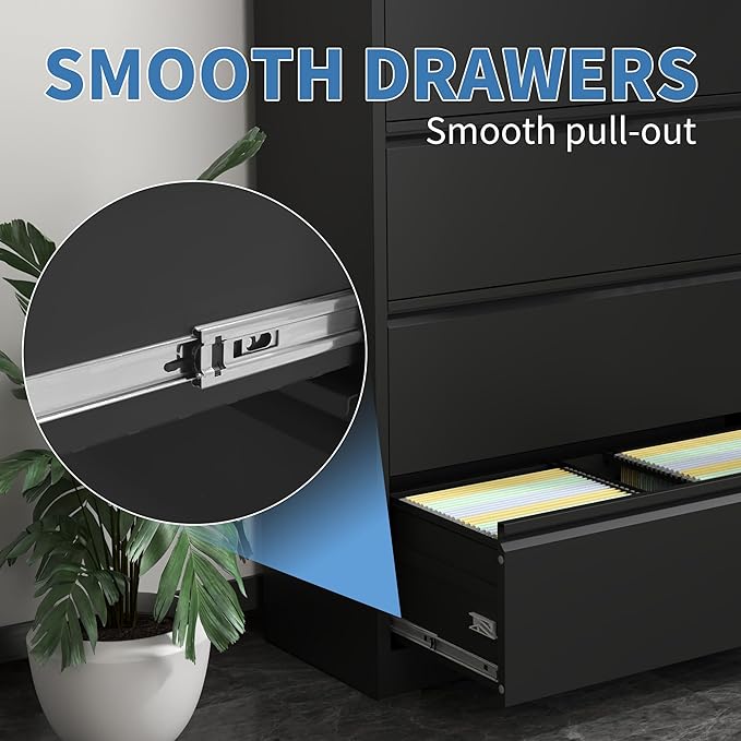 File Cabinets 5 Drawer,Metal Office Storage Filing Cabinet with Lock,Black Lateral Filing Cabinet for Home Office,Horizontal Locking File Cabinet for Legal/Letter/A4,Assembly Require,Black