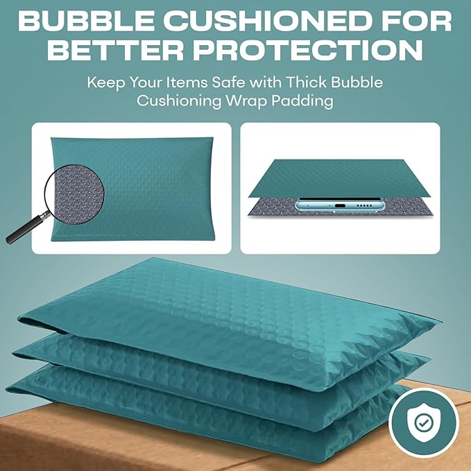 Green Large Poly Bubble Mailers 12x15 inch | Self Seal Padded Envelopes Cushioned Bubble Mailer | Usable Size 12x15 | WaterProof | Lightweight mailing Shipping Bags | 50 Pack Bulk