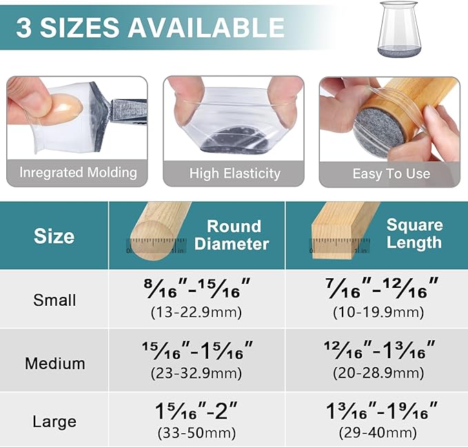 24 Pcs Chair Leg Floor Protectors Round, Silicone Felt Furniture Leg Pads Caps Covers for Hardwood Floors (Fit 8/16“ to 15/16”)