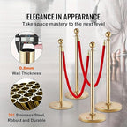 Stanchion Set, Gold Stanchion and Velvet Ropes with 4 Pcs Stainless Steel Posts and 3Pcs Red 5FT Ropes Crowd Control Barrier for Events, Weddings, Theaters, VIP Lines, Queue Management