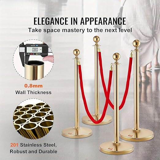 Stanchion Set, Gold Stanchion and Velvet Ropes with 8 Pcs Stainless Steel Posts and 6Pcs Red 5FT Ropes Crowd Control Barrier for Events, Weddings, Theaters, VIP Lines, Queue Management