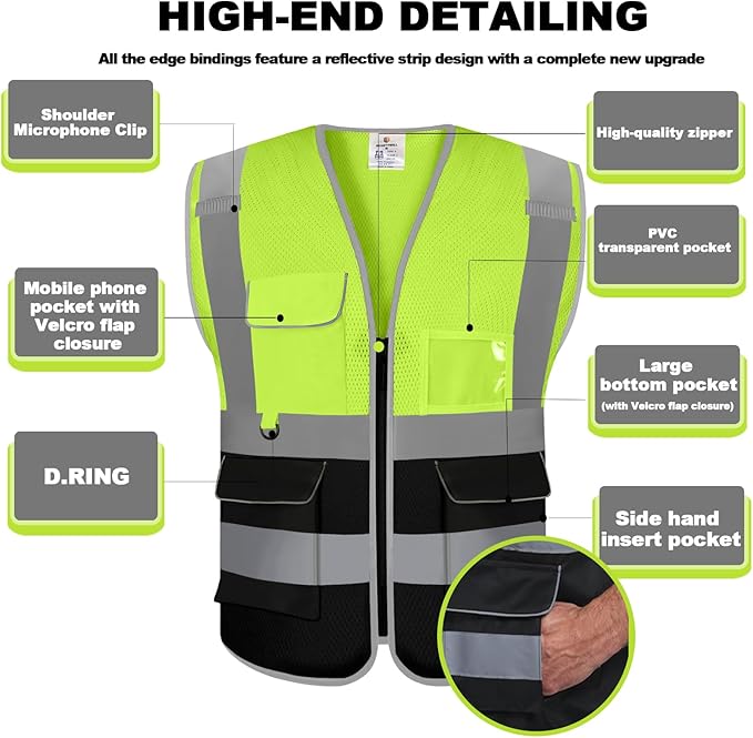 BeautyWill Custom Safety Vest Customized Logo Class 2 High Visibility Reflective Vest with Pockets Construction workwear