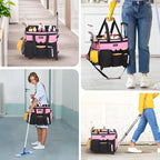 Large Rolling Cleaning Caddy Bag with Detachable Trolley, Waterproof Cleaning Caddy on Wheels for Housekeepers, Cleaning Cart Supplies Organizer for Home,Car,Office,Picnic (Pink) (in Patent)
