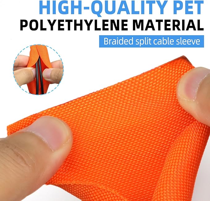 Automotive Wire Loom Tubing, Split Braided Cord Protectors from Pets No Chew, Flexible Cable Sleeve Cable Management for TV/Computer/Electric Wires (Orange, 5/16"-10ft)