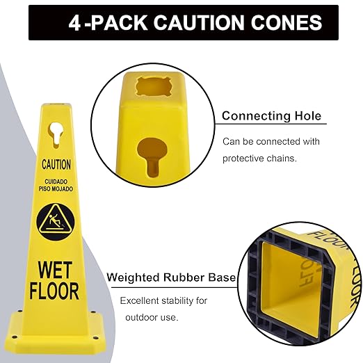 OrangeStar 4-Pack Wet Floor Caution Cones, Yellow Four Sided Bilingual Warning Message Safety Traffic Cones with Heavy Rubber Base for Indoor/Outdoor Use