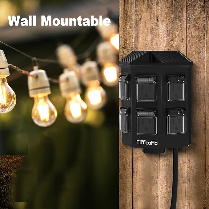 TiFFCOFiO Outdoor Power Strip with Stake Waterproof, 10 FT Extension Cord, 6 Grounded Outlets for Outdoor Lights, 14 AWG, 15A/1875W, ETL Listed (10 FT)