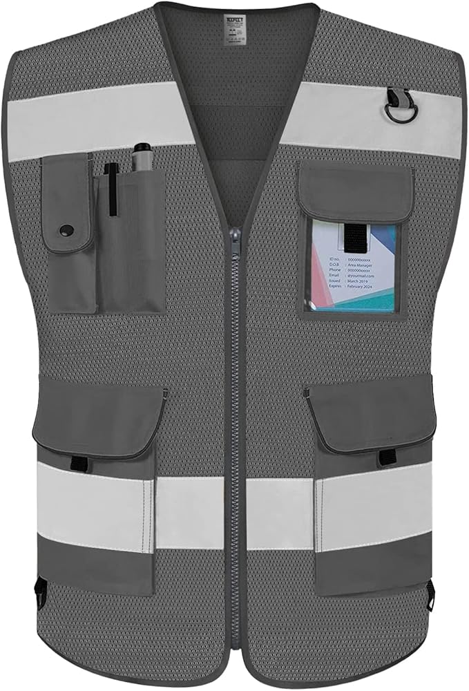 TCCFCCT Mesh Safety Vest for Men Women 9 Pockets High Visibility Reflective Vest for Safety, Work Vest with Reflective Strips, Meets ANSI/ISEA Standards, (Grey, X-Large)