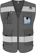 TCCFCCT Mesh Grey Safety Vest for Men Women 9 Pockets High Visibility Vest for Safety, Reflective Vest for Construction Work, Hi Vis Vest with Reflective Strips, Meet ANSI/ISEA Standards, Large