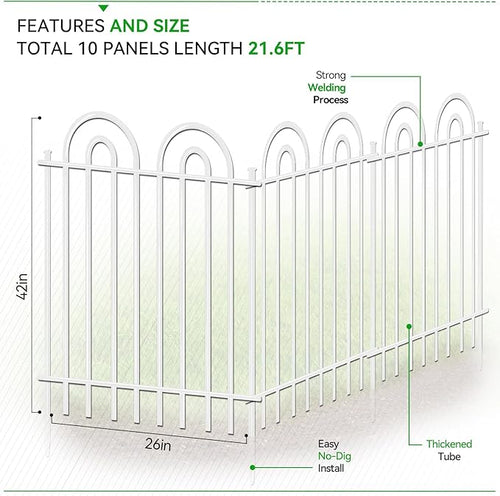 10 Panels Decorative Garden Fence with Gate, 42in(H)×21.6ft(L) Tall No Dig Fence Animal Barrier, Metal Tube Garden Edging Border, Reusable Ground Defense Temporary Fencing for Outdoor Yard, White
