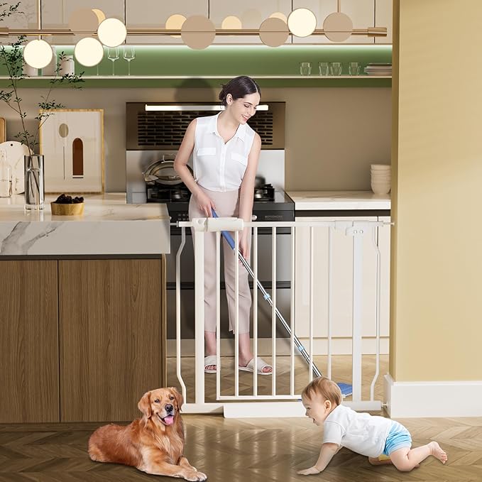 HOOEN 30" Tall Extra Wide Baby Gate for Doorways Stairs Large Long Dog Gates Pressure Mounted Indoor Safety Gates Walk Through Toddler Child Gates for Kids or Pets (White,76.38"-86.3")