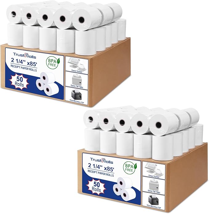 (100 Rolls) Premium 2 1/4 x 85 Thermal Paper Rolls - BPA Free Credit Card Receipt Paper for POS, ATM & Restaurant Printers