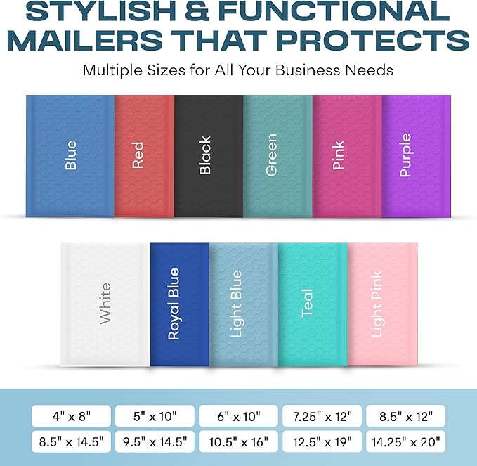 Light Blue 12.5x19.5 Inch Large Poly Bubble Mailers #6 | Padded Envelopes with Self Seal | Air Lined Cushioned Bubble Mailer | Usable Size 12.5x15 | 50 Pack Bulk | Lightweight shipping Bags