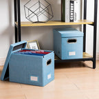 PRANDOM File Organizer Box - Set of 4 Collapsible Decorative Linen Filing Storage Hanging File Folders with Lids Office Cabinet Letter Size Blue (14x9.3x10.8 inch)