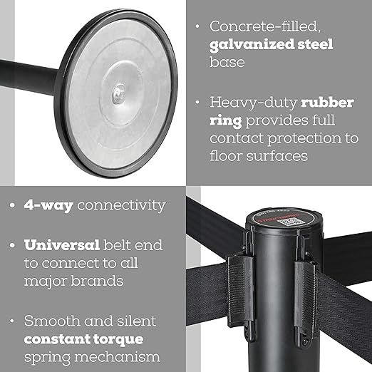 Qbuster Black Stanchions with Retractable Belts, Crowd Control Safety Barrier with 11’ Red Belts, 1 Sign Holder, Set of 4 Posts