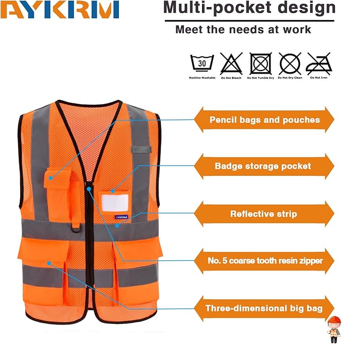 A-SAFETY High Visibility Mesh Safety Reflective Vest with Pockets and Zipper,Hi Vis Viz Reflective Safety Vest(Orange Mesh L)