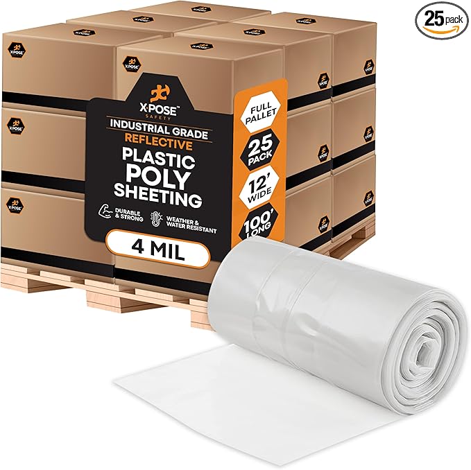 Xpose Safety Clear Plastic Sheeting (Bulk Half Pallet 25 Pack) – 12' x 100' Rolls – Heavy Duty 4 Mil Poly Sheet – Waterproof, Dustproof, Vapor Barrier – for Construction, Painting, Industrial Use