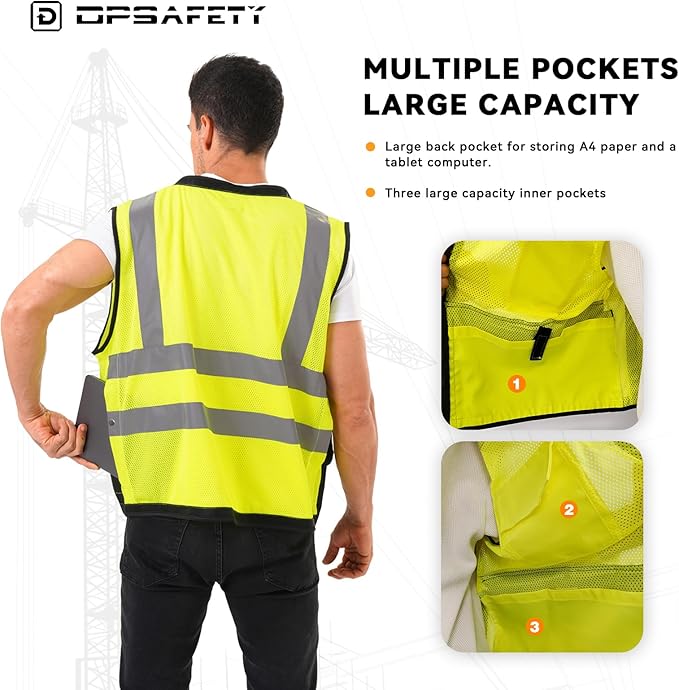 Reflective Safety Vest With Back Plan Pocket, High Visibility Class 2 Heavy Duty Surveyor, ANSI/ISEA Standard, Construction Work for Men & Women (Lime-Button, M)