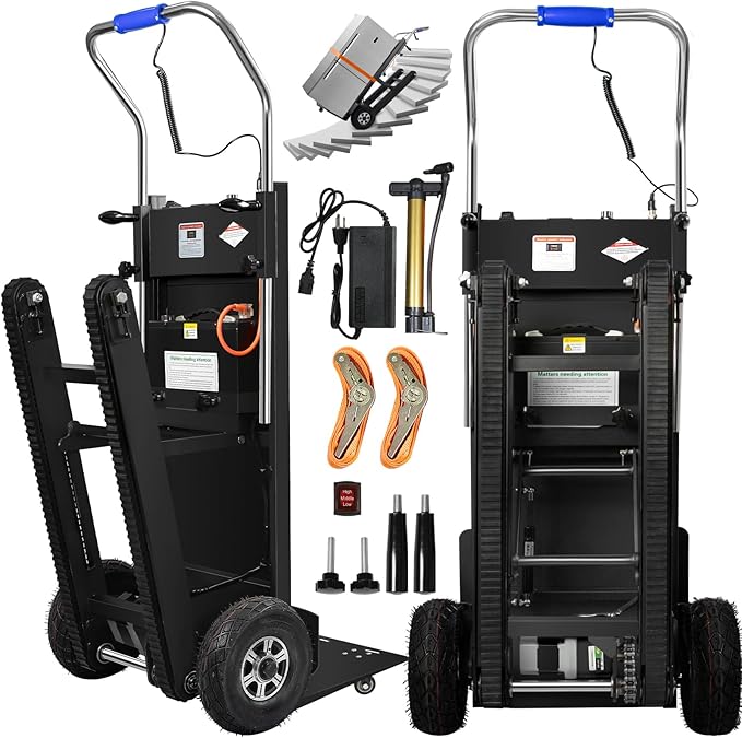 Electric Stair Climbing Dolly, 1250W Electric Stair Climbing Hand Truck, 900lbs Max Load Capacity, 3 Mode Folding Stair Climber Hand Trucks with Telescopic Handle for Moving (Black+Silver/Big Wheels)