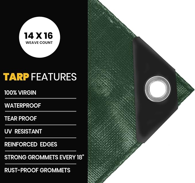 PROTARP Extra Heavy Duty 16 Mil Tarp Cover, Waterproof, UV Resistant, Rip and Tear Proof, Poly Tarpaulin with Reinforced Edges for Roof, Camping, Patio, Pool, Boat. (Green/Black 12′ X 12′)