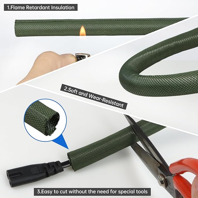 Split Braided Cable Sleeve，Flexible Wire Loom Tubing, Automotive Cord Protector Pet Proof, Cable Management for Computer TV Electric Wires Harness 16ft (Dark Green, 8mm（5/16")
