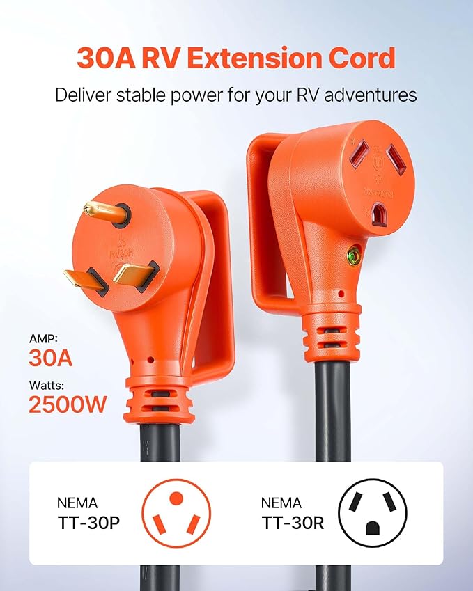 VEVOR 100 FT RV Extension Cord, 30 Amp, 125V 2500W Heavy Duty STW 10/3 Gauge Wire, NEMA TT-30P Male NEMA TT-30R Female Plug, with LED Power Indicator, Handle, 15A Adapter, for RV Trailer, ETL Listed