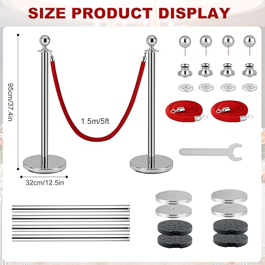 4 PCS Stainless Steel Stanchion Post,5Ft Red Velvet Rope, Hollow Base and Velvet Ropes Safety Barriers Set, Poles Crowd Control Barriers for Red Carpet Themed Decoration