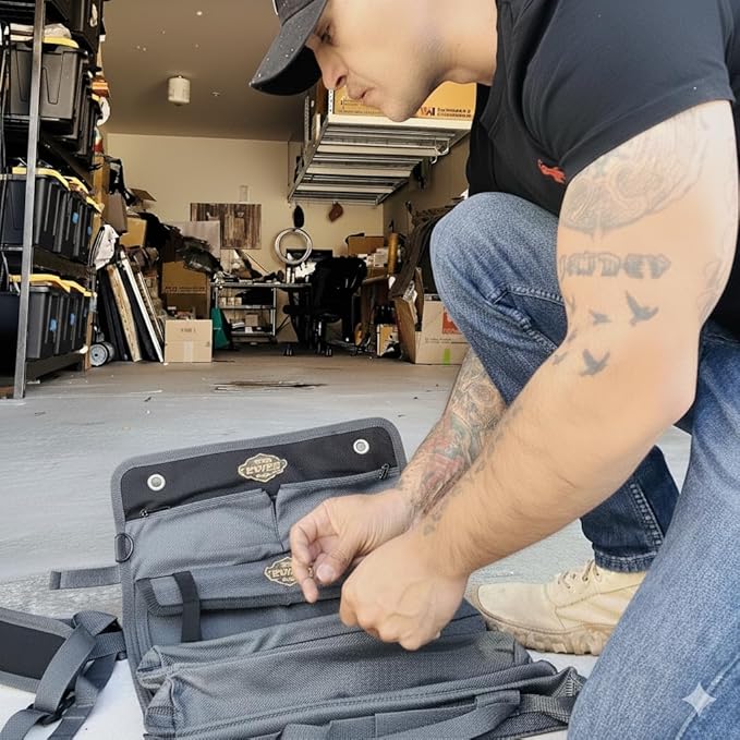 The Ryker Bag Black Pro Tool Roll – Heavy-Duty Canvas Roll-Up Tool Organizer w/detachable pouches for Bolts, Sockets & Small Power Tools for Electricians, Plumbers, HVAC Techs & DIY Professionals