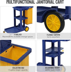 TUFFIOM Commercial Traditional Cleaning 3-Shelf Janitorial Cart, 500 Lbs Capacity Housekeeping Cart, Wheeled with Yellow VinylBag and Cover w Lid, Blue,