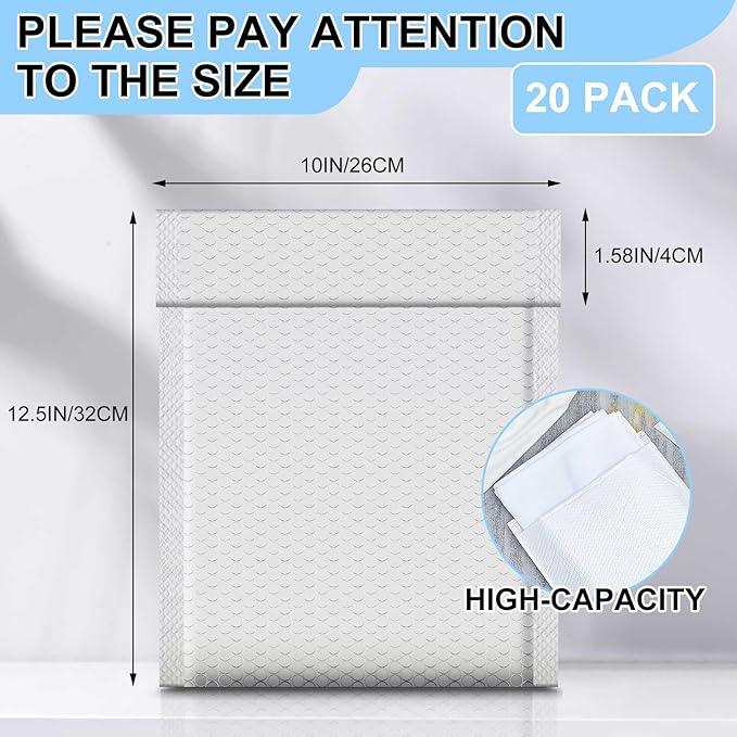 Ireer 20 Pack Extra Large Bubble Mailers 10 x 13" Poly Padded Envelopes Cushioned Mailing Envelopes Bubble Padded Mailers Self Adhesive Waterproof Shipping Bags for Business Gift Packaging