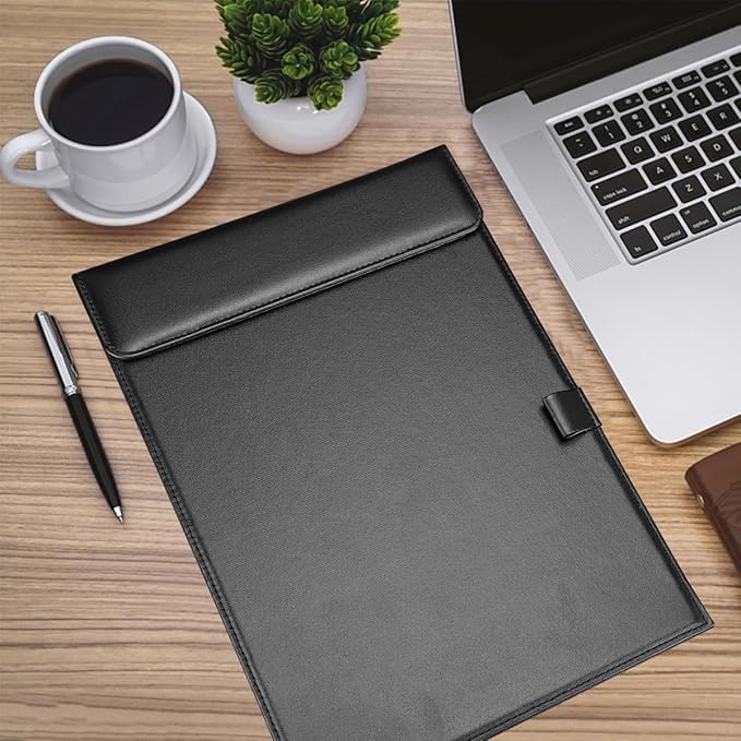 KINGFOM PU Leather Hardboard Office Clipboard, Magnetic Clip A4 Letter Size Clip Boards with Pen Holder for Nurses, Students, Teacher Black 2 Pack