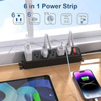 Wall Mount Power Strip,Flat Plug Power Strip with Switch,6ft Extension Cord,6 Outlets, Flexible Installation for Home, Office,and School,ETL Listed,Black (6ft,6 outlets)