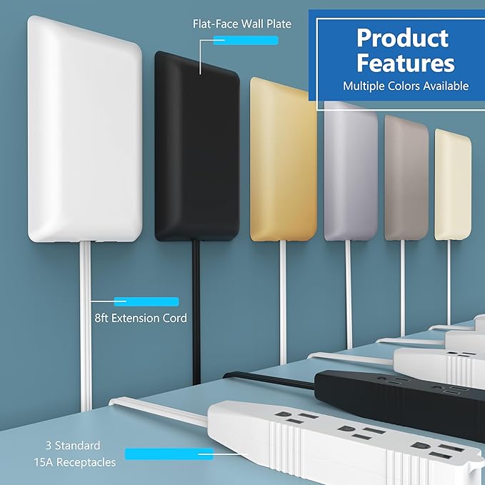 LIDER Flat-Face Outlet Extender with 3 Receptacles, Ultra-Thin Wall Plate Plug with Cord Extender and 3-Outlet Power Strip, 8ft Cord, LWE8-315-W2P, ETL-Listed, White, 2 Pack