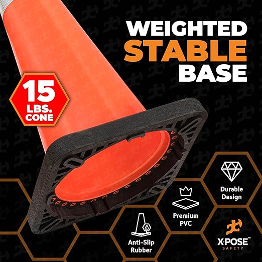 Xpose Safety 36 Inch Orange Traffic Cones Heavy Duty 15lb with 6" & 4" Collars, 8 Pack - Multipurpose PVC Plastic Safety Cone for Parking, Soccer, Caution, Kids and Construction - DOT Approved