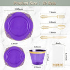 350PCS Clear Purple Plastic Plates for 50 Guests, Disposable Plates with Gold Trim include 50 Dinner Plates, 50 Dessert Plates, 150 Gold Silverware, 50 Cups, 50 Napkins for Party, Wedding